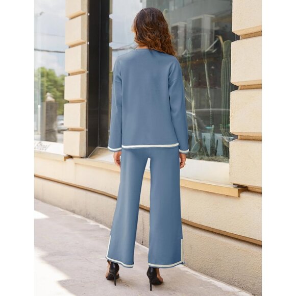 Women's Blue Long Sleeve Knit Sweater Top & Wide Leg Pants Lounge Set - Picture 3 of 6